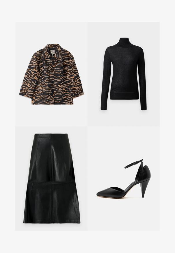 Kabát s tigrovaným vzorom v čiernej a béžovej tkanine, s golierom, predným zapínaním na gombíky a dvoma prednými vreckami.; Čierny dlhý rukáv turtleneck top vyrobený z ľahkej tkaniny, s priliehavým strihom a minimálnymi švom, vhodný na vrstvenie.; Čierna kožená sukňa po kolená s prešívanými zvislými a vodorovnými panelovými švami, mierne rozšírená na spodnej časti.; Čierny kožený vysoký podpätok so špicatou špičkou, opaskom okolo členku a kužeľovitým podpätkom na bielom pozadí.