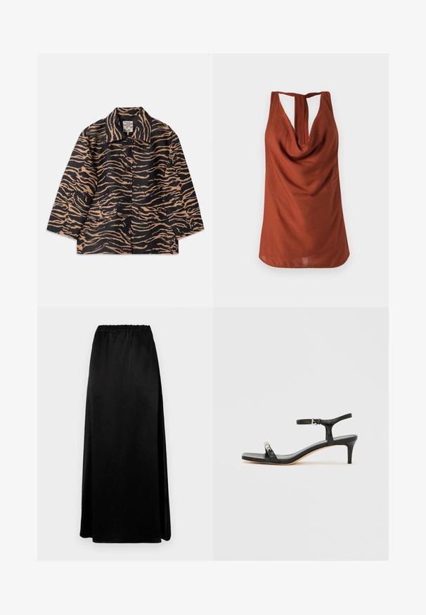 Tiger-mønstret frakke i sort og beige stof med krave, knaplukning foran og to forlommer.; Rustfarvet ærmeløs top med draperet halsudskæring, åben ryg og glat stof. Designet har en afslappet pasform og ingen synlige mønstre.; Lang sort nederdel med en glat, krøllet tekstur og en elastisk talje. Har en sideslids for nem bevægelse og en strømlinet silhuet.; Sort læder sandal med hæl og ankelrem, åben tå, firkantet front og sølvfarvede metalaccenter. Figurformet design med en slank profil.