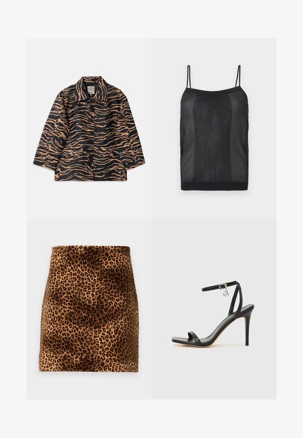 Tiger-mønstret frakke i sort og beige stof med krave, knaplukning foran og to forlommer.; Sort ærmeløs ribstrikket camisole med tynde skulderstropper og en lige halsudskæring på en neutral baggrund.; Leopardprintet mini-nederdel med en blød tekstur, brun og sort print på beige baggrund, med en tætsiddende silhuet og rene kanter.; Sort hæl-sandal med smal ankrem, firkantet tå-boks, glat lædermateriale og metalspænde som pynt.