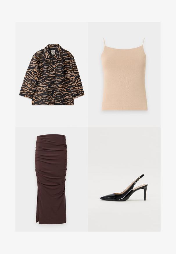 Tiger-mønstret frakke i sort og beige stof med krave, knaplukning foran og to forlommer.; Beige strik camisole med tynde stropper, med en tætsiddende pasform og tekstureret stof, ideel til lag-på-lag styling eller afslappet brug.; Brun midi-nederdel med rynker lavet af blødt stof, med en sideslids og glat tekstur, samt indsamlet detaljering langs fronten.; Sort patenteret læder slingback stiletto med spids tå, slank hæl og et subtilt udskæringsdesign. Har en gylden spænde på remmen.