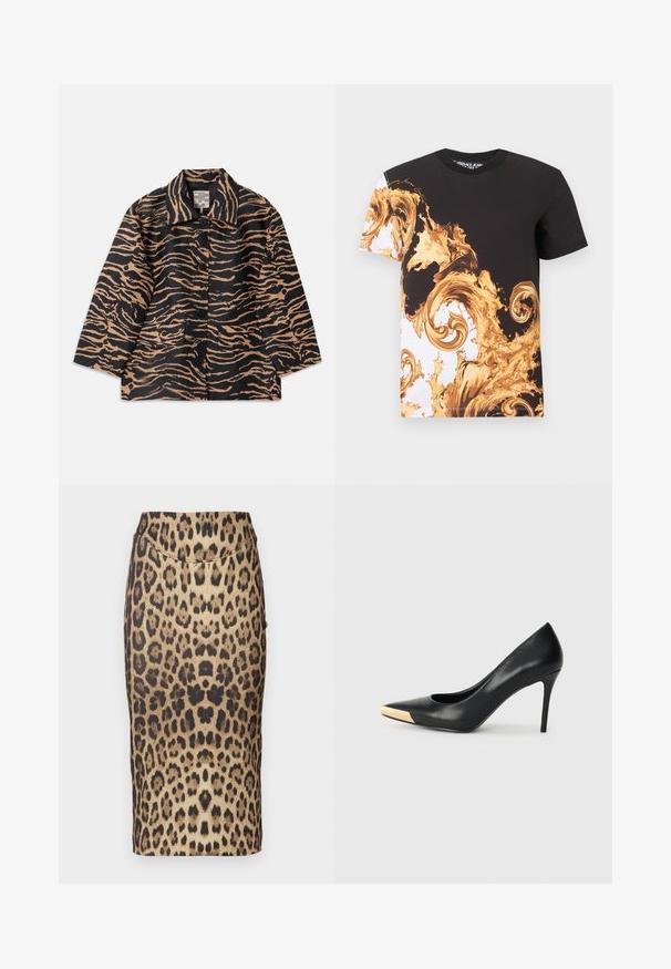 Tiger-mønstret frakke i sort og beige stof med krave, knaplukning foran og to forlommer.; Sort-hvid T-shirt med korte ærmer med snurrende gyldne barok- og prikkemønstre, der dækker fronten og venstre ærme.; Leopardprint blyantnederdel med en tætsiddende design, mellemhøj talje og glat tekstur. Mønsteret består af varierede brune og sorte pletter.; Sort læder stiletter med spids tå; har et metalisk guldakcent på tåkapperne. Glat overflade med et strømlinet design.