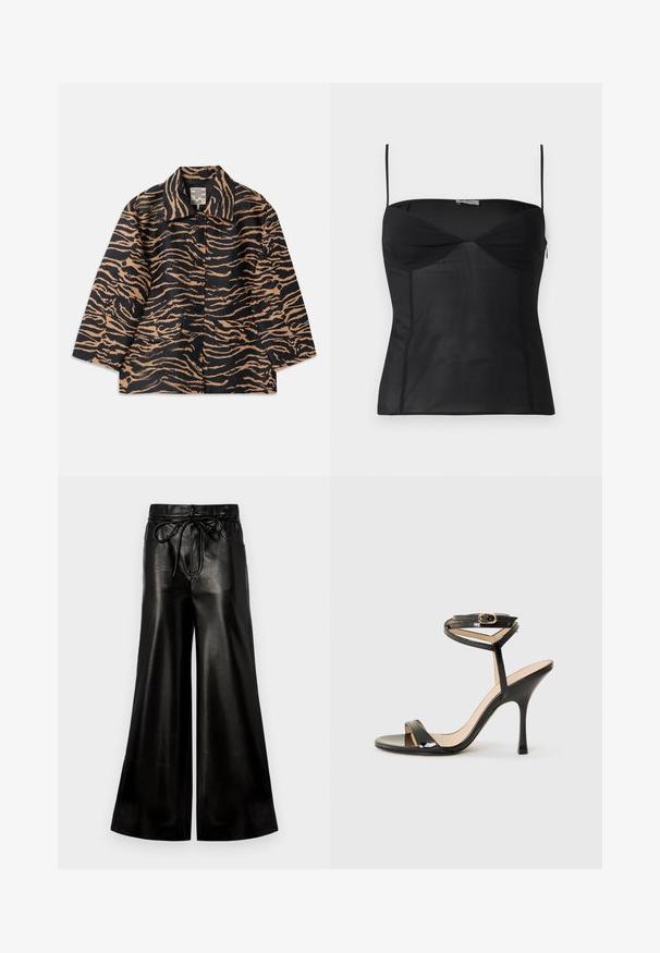 Abrigo con estampado de tigre en tela negra y beige, con cuello, cierre de botones en la parte delantera y dos bolsillos frontales.; Top negro sin mangas ajustado con tirantes delgados, escote corazón y detalles de costuras sobre un fondo blanco liso.; Pantalones de cuero negro de pierna ancha con cinturilla ajustable. Textura suave, talle alto, corte holgado, con bolsillos laterales y cierre de botón.; Sandalia de tacón alto de charol negro con tira delgada en el tobillo y hebilla, punta abierta y tacón aguja esbelto sobre fondo blanco.