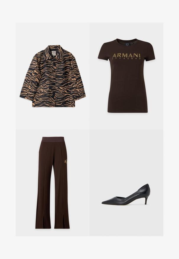 Abrigo con estampado de tigre en tela negra y beige, con cuello, cierre de botones en la parte delantera y dos bolsillos frontales.; Camiseta de manga corta de color marrón oscuro con texto contorneado en amarillo "ARMANI EXCHANGE" en el pecho y cuello redondo.; Pantalones marrón oscuro de pierna ancha con cintura elástica, costuras delanteras, logo lateral y aberturas frontales en el bajo.; Zapato de tacón bajo de cuero negro con punta puntiaguda. Presenta una textura lisa y un brillo sutil. Corte abierto en la parte frontal para un detalle adicional.