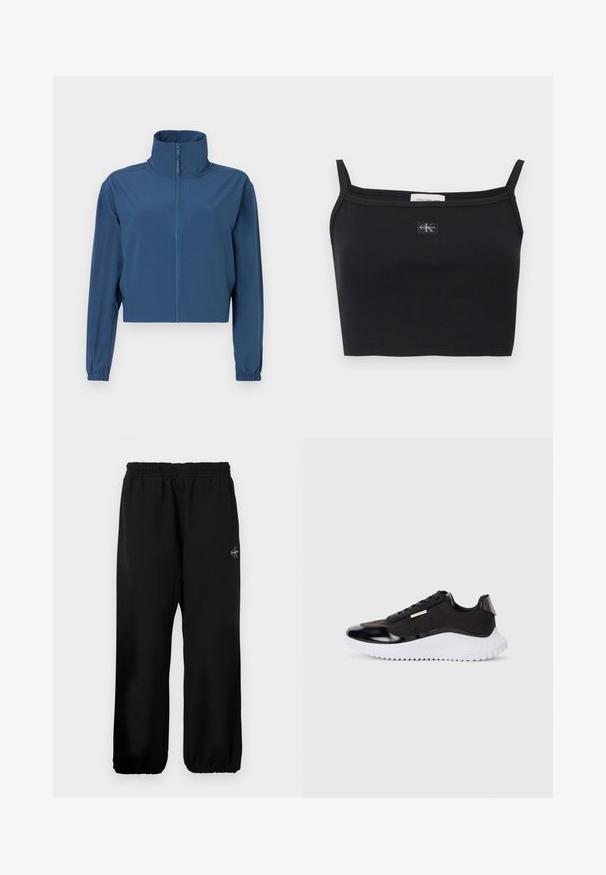 Blauwe cropped jas van gladde stof, met een hoge kraag en een volledige rits. Lange mouwen met elastische boorden. Eenvoudig ontwerp.; Zwart geribbeld cropped topje met dunne bandjes en een klein Calvin Klein-logo patch in het midden van de borst.; Zwarte sweatpants met een elastische tailleband, losse pijpen en een klein logodetail aan de linkerzijde. Gladde stoftextuur.; Zwarte sportieve schoenen met een glad bovenwerk van synthetisch materiaal, een witte, stevige zool, gestructureerde accenten en zwarte veters. Minimalistisch ontwerp, zonder zichtbare logo's.