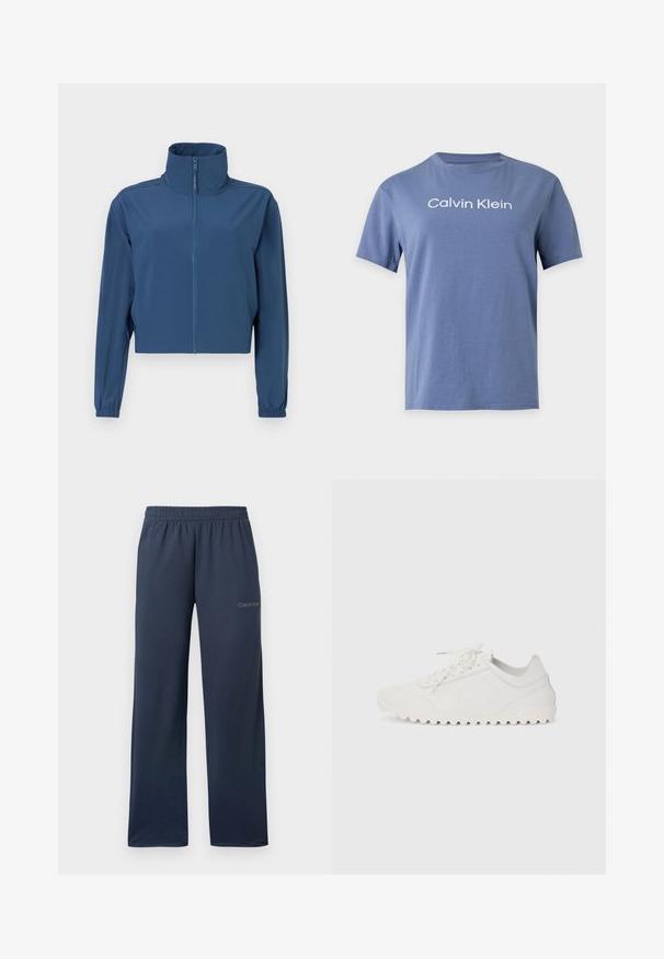 Blå kort jacket lavet af glat materiale, med høj krave og fuld lynlås. Lange ærmer med elastiske manchetter. Simpelt design.; Blå kortærmet bomuld T-shirt med teksten ""Calvin Klein"" trykt i hvidt midt på brystet.; Navyblå vidbenede sweatpants med elastisk talje og lille Calvin Klein-logo på øverste venstre lår.; Hvide atletiske sko med en tekstureret overdel, flade snørebånd og en rillede gummisål. Har et subtilt logo præget på siden.