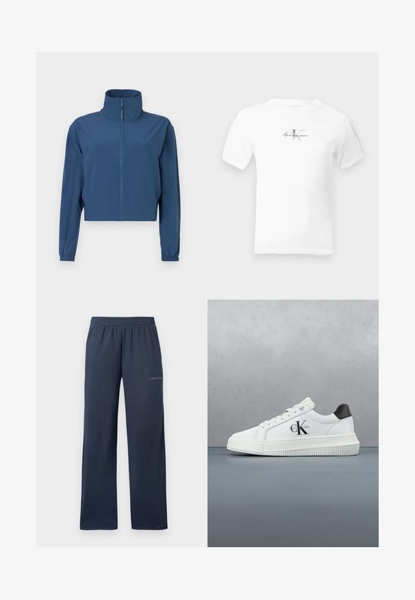 Blå kort jacket lavet af glat materiale, med høj krave og fuld lynlås. Lange ærmer med elastiske manchetter. Simpelt design.; Hvid T-shirt med korte ærmer og rund halsudskæring med et lille centreret "CK Calvin Klein Jeans"-logo i sort og grå på brystet.; Navyblå vidbenede sweatpants med elastisk talje og lille Calvin Klein-logo på øverste venstre lår.; Hvide lavtoppede sneakers med sort hælkænke, platformssål, snørebånd og Calvin Klein "CK" logo på siden.