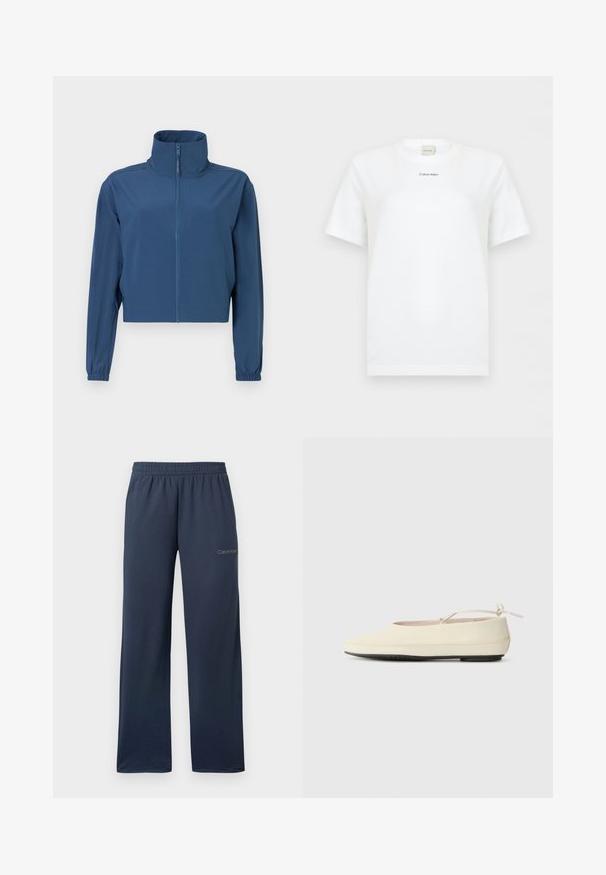 Blå kort jacket lavet af glat materiale, med høj krave og fuld lynlås. Lange ærmer med elastiske manchetter. Simpelt design.; Hvid kortærmet t-shirt med rund hals og lille sort "Calvin Klein"-logo centreret på brystet, ensfarvet baggrund.; Navyblå vidbenede sweatpants med elastisk talje og lille Calvin Klein-logo på øverste venstre lår.; Cremefarvede flade sko med rund tå, ankelrem og kontrasterende sort gummisål. Glat materiale med minimal detaljer.