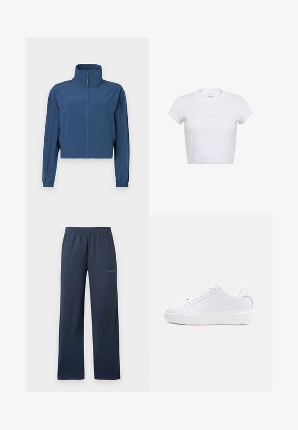 Blauwe cropped jas van gladde stof, met een hoge kraag en een volledige rits. Lange mouwen met elastische boorden. Eenvoudig ontwerp.; Witte korte crop-top met korte mouwen en een geribbelde textuur. Heeft een ronde halslijn en een subtiel "Calvin Klein" logo in een lichte kleur aan de voorkant.; Marineblauwe wijde trainingsbroek met elastische tailleband en klein Calvin Klein-logo op de bovenkant van de linkerdij.; Witte lage sneaker met vetersluiting, dikke zool en glad bovenwerk, gezien vanaf de buitenkant tegen een effen lichte achtergrond.