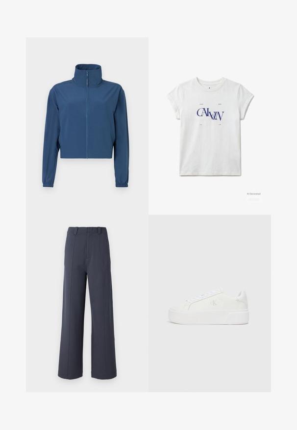 Blå kort jacket lavet af glat materiale, med høj krave og fuld lynlås. Lange ærmer med elastiske manchetter. Simpelt design.; Hvid kortærmet t-shirt med blå "CALVIN" tekst og små ord "Calvin Jeans New York" trykt midt på fronten.; Bredde bukser i mørkegrå stof. Funktionen inkluderer en høj talje, frontplisseringer og en glat tekstur med bæltestropper.; Hvide platform sneakers med en glat læderoverdel, rund tå, hvide snørebånd og diskret logo-detalje på siden. Flad gummisål.
