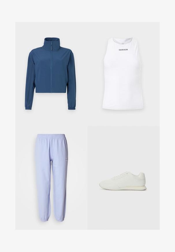 Blå kort jacket lavet af glat materiale, med høj krave og fuld lynlås. Lange ærmer med elastiske manchetter. Simpelt design.; Hvid ærmeløs Calvin Klein sportstanktop med høj halsudskæring og subtilt tekstureret stof.; Lyseblå bomulds sweatpants med elastisk talje, tapered ankler og et lille logo broderet på siden. Glat tekstur.; Hvide atletiske sko med struktureret stof, rund tå, snørebånd og en skridsikker sål. Prægede logo detaljer på hælen. Minimalistisk design.