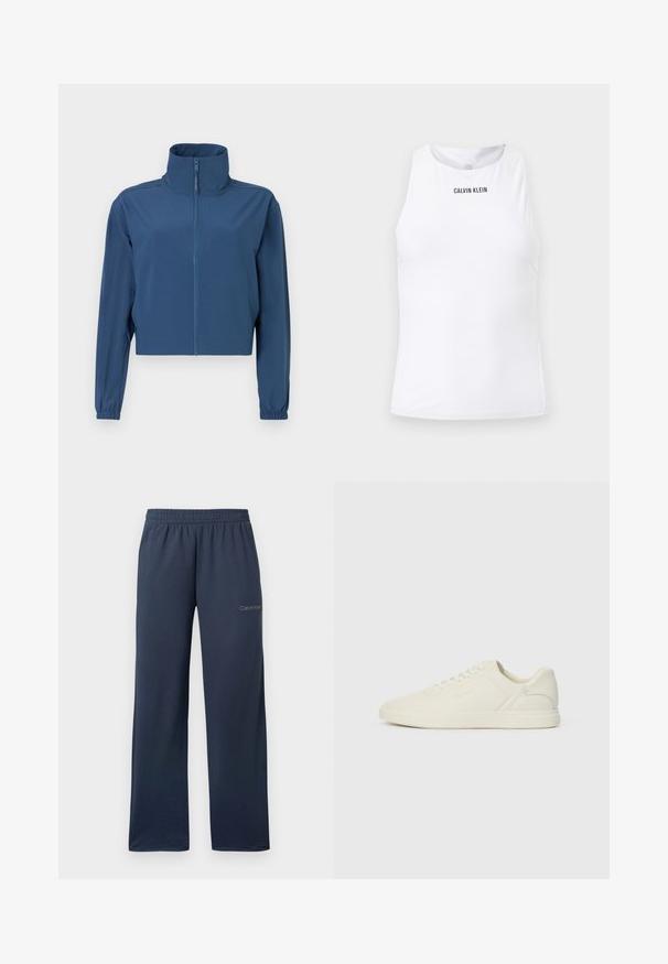 Blå kort jacket lavet af glat materiale, med høj krave og fuld lynlås. Lange ærmer med elastiske manchetter. Simpelt design.; Hvid ærmeløs Calvin Klein sportstanktop med høj halsudskæring og subtilt tekstureret stof.; Navyblå vidbenede sweatpants med elastisk talje og lille Calvin Klein-logo på øverste venstre lår.; Hvide lædersneakers med rund tå, snørebånd foran, minimalistisk design og diskret branding på siden. Flad gummisål, glat tekstur.