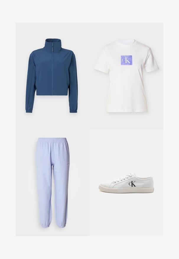 Blauwe cropped jas van gladde stof, met een hoge kraag en een volledige rits. Lange mouwen met elastische boorden. Eenvoudig ontwerp.; Wit katoenen T-shirt met een paars vierkant ontwerp met daarin de letters "CK" in een lichte tint. Korte mouwen en een ronde hals.; Lichtblauwe katoenen sweatpants met een elastische tailleband, taps toelopende enkels en een klein logo geborduurd aan de zijkant. Smeervende textuur.; Witte canvas sneakers met een low-top ontwerp, voorzien van een rubberen zool en een zwart "CK" logo aan de zijkant. Zes veterogen met witte veters.