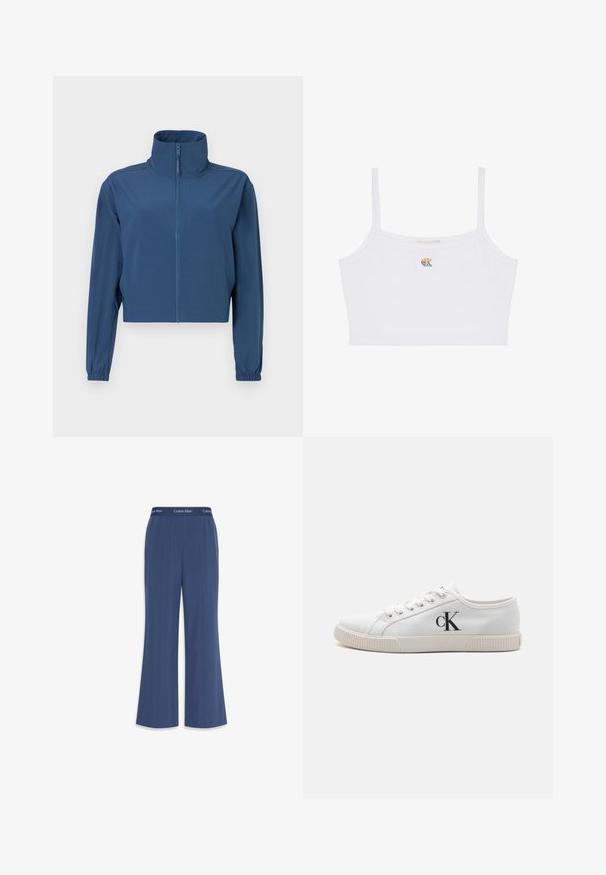 Blå kort jacket lavet af glat materiale, med høj krave og fuld lynlås. Lange ærmer med elastiske manchetter. Simpelt design.; Hvid cropped camisole med tynde stropper og et lille flerfarvet "CK" logo centreret på brystet.; Marineblå kickflare bukser lavet af blødt stof med en glat tekstur. Har en elastisk talje med "Calvin Klein" logo langs toppen.; Hvide lærreds sneakers med lavt design, med en gummisål og et sort "CK" logo på siden. Seks snorlukker med hvide snørebånd.