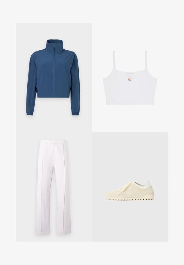 Blå kort jacket lavet af glat materiale, med høj krave og fuld lynlås. Lange ærmer med elastiske manchetter. Simpelt design.; Hvid cropped camisole med tynde stropper og et lille flerfarvet "CK" logo centreret på brystet.; Lyse lilla bukser med vide ben, elastisk talje og to lodrette sømme foran. Glat stof med en let glans.; Beige ruskinds sneakers med hvide detaljer, tekstureret sål og et logo på siden. Har flade snørebånd og et klassisk, lavprofileret design.