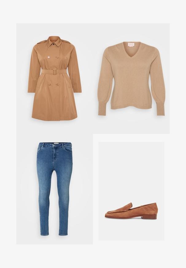 Vaalean tanvärinen trench-takki, jossa on kaksirivinen muotoilu, olkapeilejä, vyötärölle kuuluva vyö ja sivutaskut. Silky, vedenkestävä kangas.; Beige V-kaula neule, jossa on ribatut hihansuut ja hieman puffit pitkät hihat. Valmistettu pehmeästä materiaalista, jonka pinta on sileä.; Kapeita farkut vaaleansinisestä denimistä, jossa on sileä tekstuuri. Ominaisuuksia ovat korkea vyötärö, vyölenkit ja etutaskut. Klassinen viiden taskun muotoilu.; Ruskea mokkanahkainen loaferi, jossa on punottu reunus, tasainen puukorko ja liukusisään-muotoilu, esitetty sivuprofiilissa valkoista taustaa vasten.