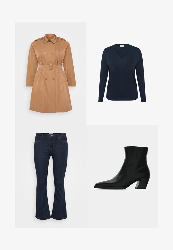Tan trenchcoat met een dubbele rij knopen, schouderepauletten, een ceintuur in de taille en zijzakken. Glad, waterafstotend materiaal.; Marineblauwe lange mouw V-hals trui met geribbelde manchetten en zoom, met het label "KAFFE Curve" aan de binnenkant van de kraag.; Donkerblauwe high-waisted denim jeans met een aansluitende pijp en een lichte flare aan de onderkant, voorzien van voorzakken en een knoopsluiting.; Zwarte leren enkelboot met een spitse neus, een slanke silhoeet en een chunky vierkante hak. Gladde textuur met minimale stikdetails.
