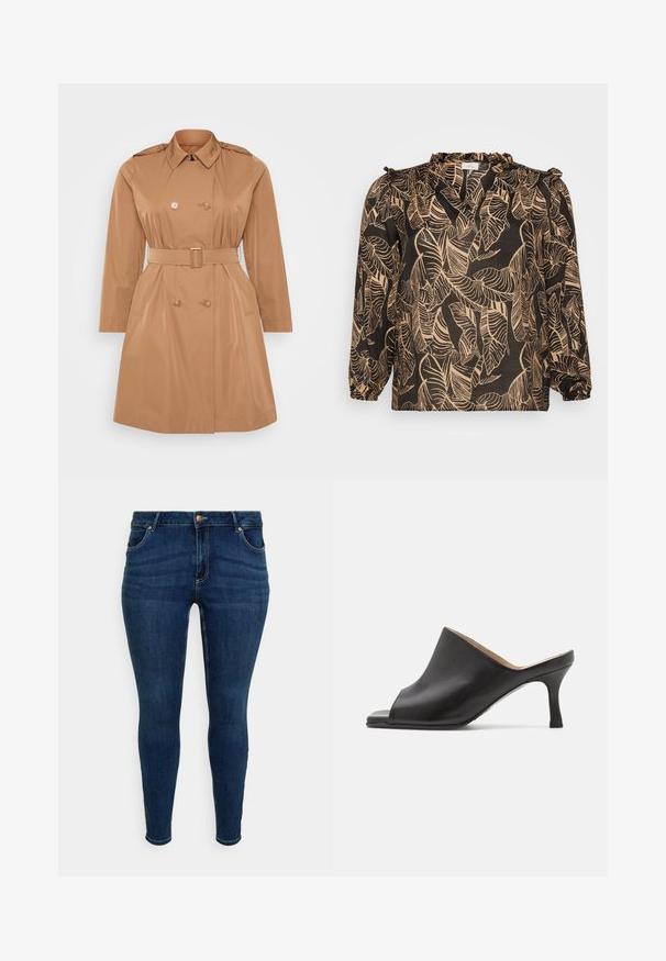 Tan trenchcoat med dobbelt frontlukning, skulderklapper, bælte i taljen og sidelommer. Glat, vandafvisende materiale.; Sort bluse med bladmønster i beige. Har lange ærmer, bølget halsudskæring og løs pasform. Fremstillet af letvægtsstof.; Mørkeblå skinny jeans med frontlommer, bæltesløjfer, knap og lynlås lukning, præsenteret mod en simpel hvid baggrund.; Selected ASHLEY - Mules med hæl - black