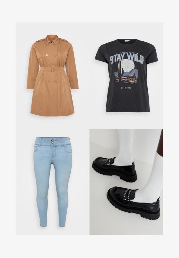 Tan trenchcoat med dobbelt frontlukning, skulderklapper, bælte i taljen og sidelommer. Glat, vandafvisende materiale.; Sort bomulds t-shirt med et grafisk print af en ørken-scene med kaktusser, en måne og sætningen "STAY WILD" i blå skrifttype.; Lysblå skinny jeans lavet af denim. Har tre-knaps lukning, to frontlommer og en glat tekstur.; Sorte patenterede sko med en kraftig sål, udstyret med sølvnitter og bølgede detaljer, båret med hvide sokker.