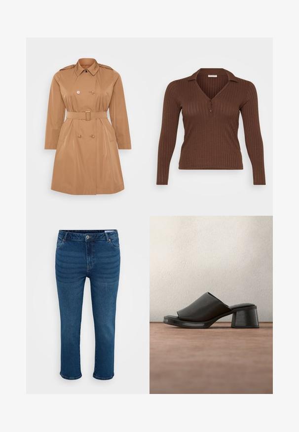 Tan trenchcoat met een dubbele rij knopen, schouderepauletten, een ceintuur in de taille en zijzakken. Glad, waterafstotend materiaal.; Bruine geribde langemouwen top met een V-hals en een knoopsluiting, gemaakt van een zachte, gestructureerde stof.; Donkerblauwe denim jeans met een rechte pijp, voorzien van een traditionele vijfzakkenontwerp, zilveren knop en subtiele vervaagde lijnen.; Zwarte mule-sandaal met open teen, blokhak en een bovenwerk van getextureerd leer, zwevend boven een grijze ondergrond met een vage donkere achtergrond.