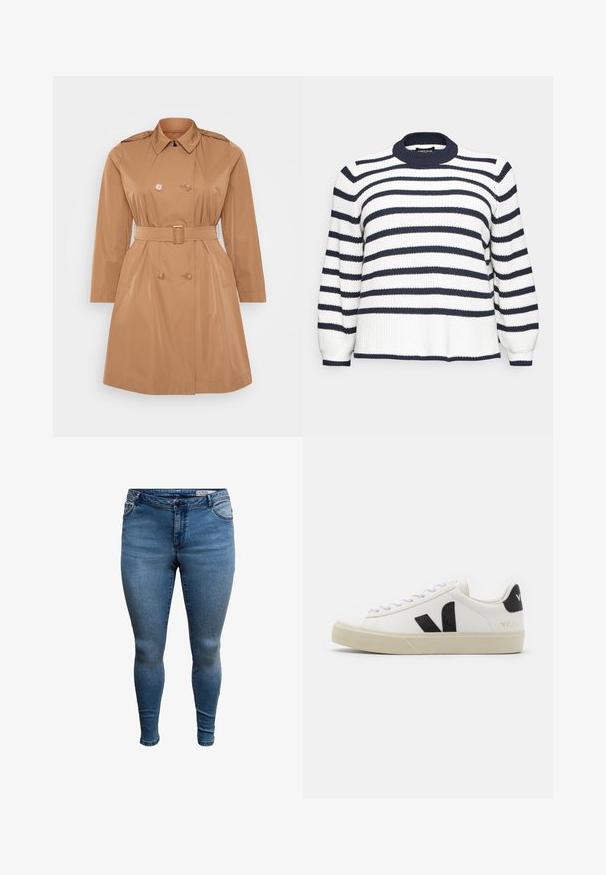 Tan trenchcoat med dobbelt frontlukning, skulderklapper, bælte i taljen og sidelommer. Glat, vandafvisende materiale.; Pieces Curve PCTRISTA O NECK - Langærmet T-shirt - sky captain/cloud dancer; Skræddersyede jeans lavet af blå denim med taljebånd i midten, klassisk fem-lomme design og diskret falmning på lårene.; Hvide lædersneakers med sort gummiv V-logo. Tekstureret off-white sål, hvide snørebånd og bagside med brandnavn i sort.