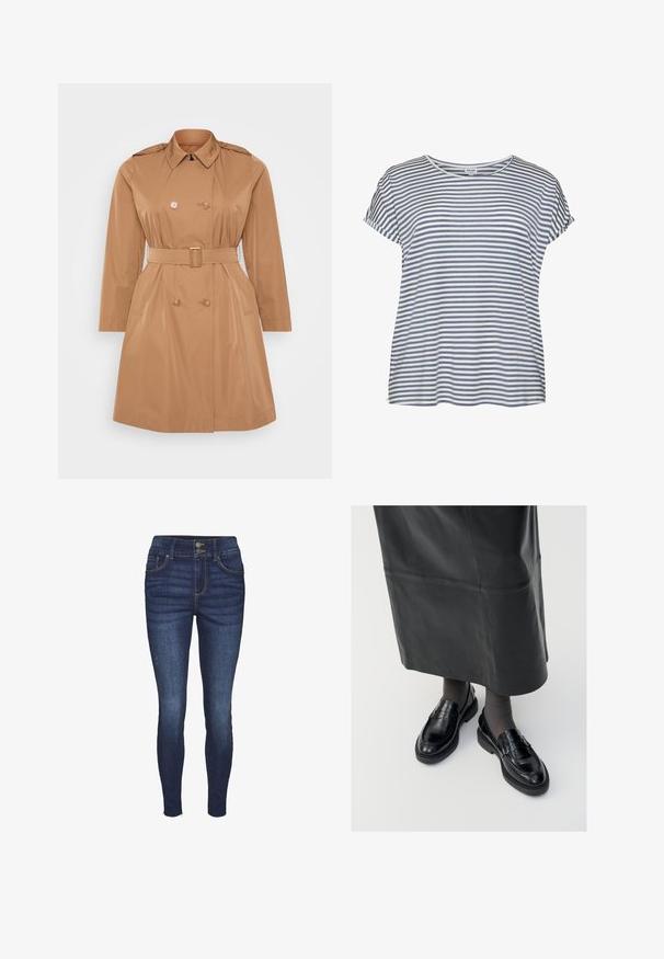 Tan trenchcoat med dobbelt frontlukning, skulderklapper, bælte i taljen og sidelommer. Glat, vandafvisende materiale.; T-shirt med striber i lyseblå og hvid. Blødt stof, korte ærmer, rund halsudskæring og afslappet pasform. Ingen synlige mønstre eller pynt.; Smal jeans i mørkeblå denim med høj talje, to forlommer, to baglommer og lukning med knap. Glat tekstur med let falmet effekt.; Sorte læder loafers med en glat finish, prydet med en dekorativ rem, rund tå og tekstureret sål. Båret med en lang sort læderskirt.