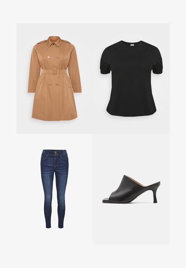 Tan trenchcoat met een dubbele rij knopen, schouderepauletten, een ceintuur in de taille en zijzakken. Glad, waterafstotend materiaal.; Zwart t-shirt met korte mouwen en ronde hals, zachte textuur en geplooide details bij de schoudernaden, met een losse pasvorm.; Strakke jeans van donkerblauwe denim, met een hoge taille, twee zakken aan de voorkant, twee zakken aan de achterkant en een knoopsluiting. Soepele textuur met lichte vervaging.; Selected ASHLEY - Muiltjes met hak - black