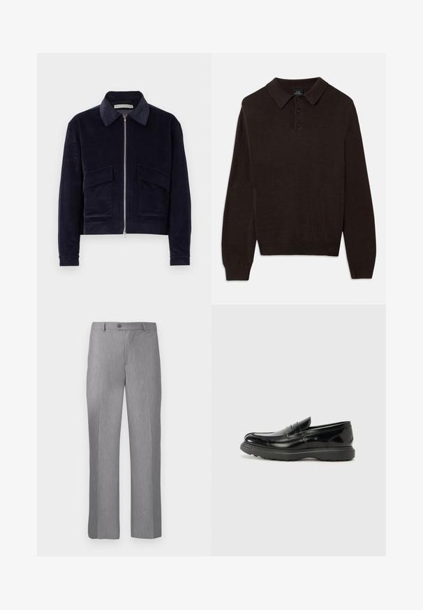 Chaqueta de pana de color marino con cierre de cremallera, cuello clásico, dos bolsillos frontales y un diseño corto. Tejido texturizado con costillas anchas.; Suéter de polo de manga larga en marrón oscuro con tres botones y un cuello acanalado. Presenta un tejido de punto texturizado con puños y dobladillo acanalados.; Pantalones de traje grises ajustados con pasadores para cinturón, botón frontal y cremallera, con un corte de pierna recta.; Mocasín de cuero negro con un acabado brillante, punta redondeada, detalles de costura sutiles y una suela de goma gruesa para mayor durabilidad.