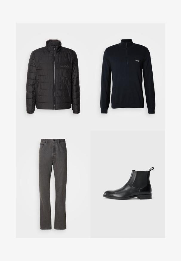 Chaqueta negra acolchada con cuello alto, cremallera frontal, bolsillos laterales con cremallera, puños con botones y logo "BOSS" en el pecho.; Sudadera azul marino con un alto cuello y cierre de media cremallera. El material es suave con un acabado texturizado. Presenta un pequeño logotipo blanco de "BOSS" en el pecho.; Vaqueros de mezclilla gris con un diseño de pierna recta, que cuentan con bolsillos frontales, un cierre de botón y una textura sutil.; Botín negro de cuero hasta el tobillo con paneles elásticos a los lados, punta redondeada y lengüeta. Textura suave, suela plana, diseño minimalista.