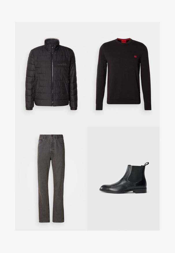 Sort quiltet jakke med høj krave, frontlynlås, lynlåslommer i siden, manchetter med knapper og "BOSS" logo på brystet.; Sort crewneck sweatshirt lavet af blødt stof, med lange ærmer, ribbede manchetter og et lille rødt logo-patch på brystet.; Grå denim jeans med lige ben-design, der har forlommer, knaplukning og subtil tekstur.; Sorte læder ankelstøvler med elastiske sidepaneler, rund tå og en trækloft. Glat tekstur, flad sål, minimalistisk design.