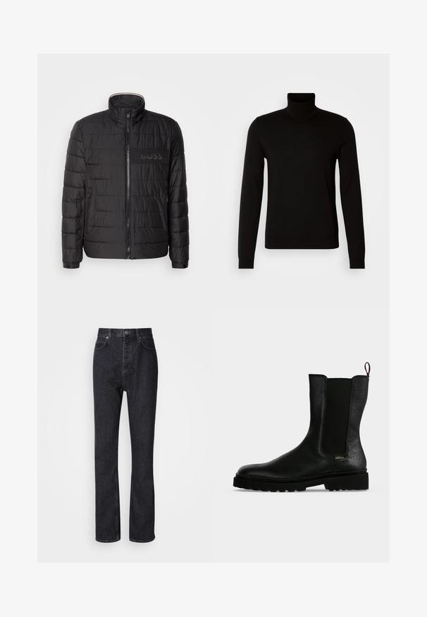 Sort quiltet jakke med høj krave, frontlynlås, lynlåslommer i siden, manchetter med knapper og "BOSS" logo på brystet.; Sort turtleneck sweater lavet af et fint strikket stof, der har lange ærmer og en tætsiddende silhuet. Glat tekstur med ribbede manchetter.; Høj talje sorte denim jeans med knap- og lynlåsåbning, for- og baglommer samt lige ben.; Sort læderankelstøvle med elastisk sidepanel, chunky sål og trækflig bagpå, med et lille guld "Hugo" logo nær hælen.