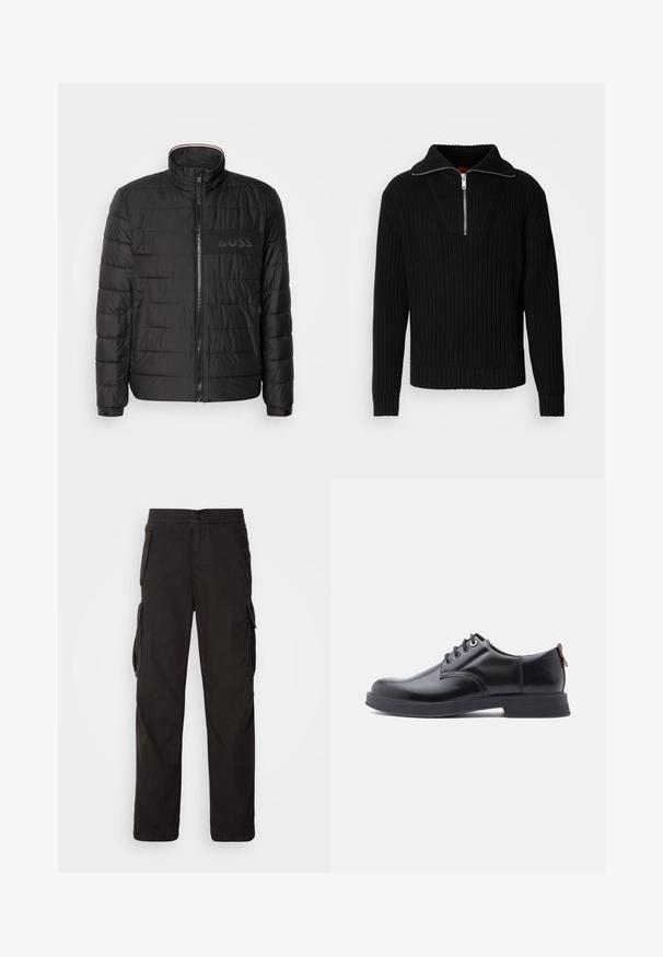 Schwarze gesteppte Jacke mit hohem Kragen, Frontreißverschluss, seitlichen Reißverschlusstaschen, knopfbaren Manschetten und „BOSS“-Logo auf der Brust.; Schwarzer gerippter Pullover mit hohem Kragen und kurzem Reißverschluss. Verfügt über einen strukturierten Stoff und enganliegende Bündchen, die eine konturierte Silhouette bieten.; Schwarze Cargo-Hose mit geradem Schnitt, elastischem Bund, mehreren Seitentaschen und einem strukturierten Stoff für hohe Langlebigkeit.; Schwarze Leder-Schnürschuhe mit glatter Textur, rundem Zehenbereich und dezenten Ziernähten. Mit einem roten Laschenband an der Ferse.