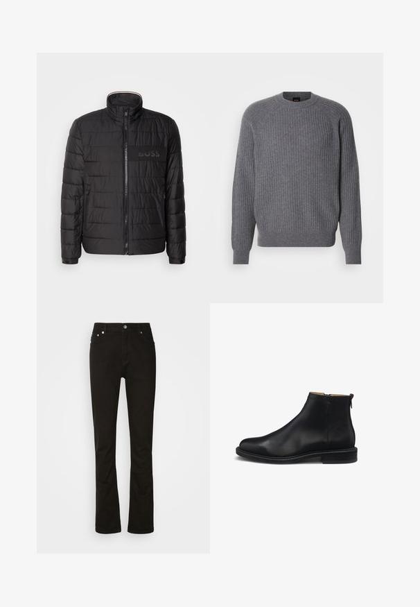 Chaqueta negra acolchada con cuello alto, cremallera frontal, bolsillos laterales con cremallera, puños con botones y logo "BOSS" en el pecho.; Suéter de punto acanalado gris de manga larga con cuello redondo y puños acanalados, presentado sobre un fondo blanco liso.; Jeans de denim negro con diseño de pierna recta, que cuentan con bolsillos frontales, una cremallera y acentos de hardware plateado. Textura suave, sin patrones.; Bota de tobillo de cuero negro con cremallera lateral, parte superior lisa, tacón bajo y bloque, y lengüeta en la parte trasera, mostrada de perfil sobre fondo blanco.