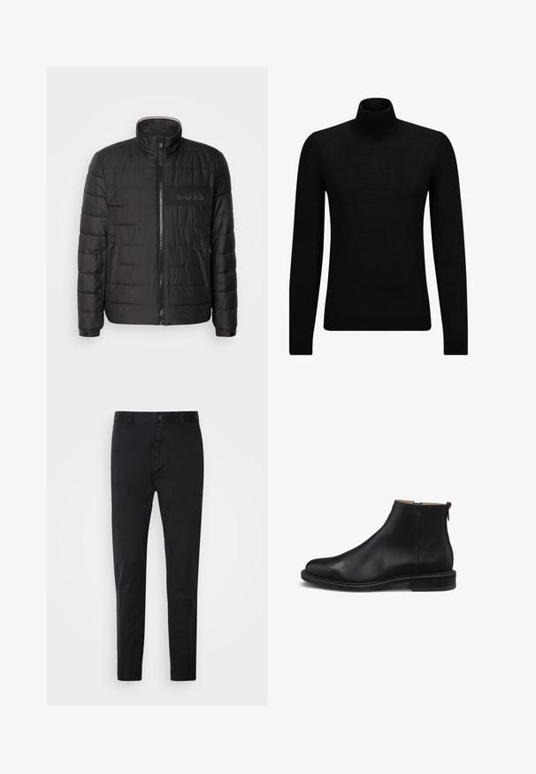 Sort quiltet jakke med høj krave, frontlynlås, lynlåslommer i siden, manchetter med knapper og "BOSS" logo på brystet.; Sort turtleneck sweater lavet af blødt materiale, med lange ærmer og en tætsiddende pasform. Ribbet trim ved kanten og manchetter. Simpelt design.; Sort chinos med en glat overflade, knaplukning og tætsiddende design. Ideel til afslappet eller semi-formelt tøj.; Sort læderankelstøvle med sidelås, glat overdelsmateriale, lav blokhæl og trækflap bagpå, vist i profil mod en hvid baggrund.