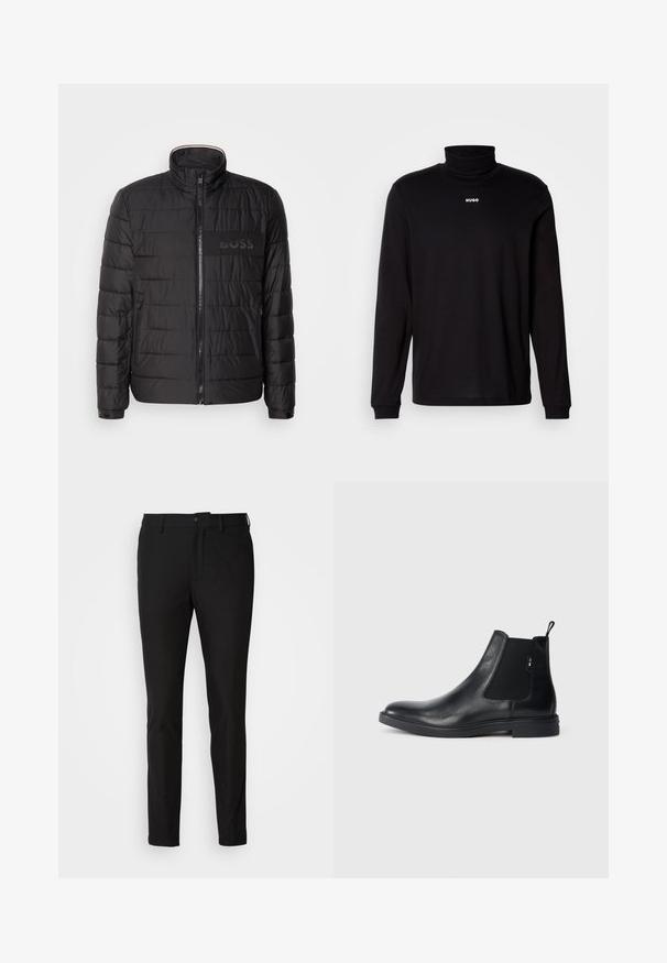 Chaqueta negra acolchada con cuello alto, cremallera frontal, bolsillos laterales con cremallera, puños con botones y logo "BOSS" en el pecho.; Camisa de cuello alto negra de manga larga hecha de un tejido suave, con el logo blanco "HUGO" en el pecho, con puños y dobladillo ajustados.; Pantalones negros de corte ajustado, con cierre de botón, cremallera y dos bolsillos frontales. Tejido suave con un acabado mate.; Botines Chelsea de cuero negro con paneles elásticos laterales, una pestaña para tirar y una suela de goma plana. Textura suave con un detalle mínimo.