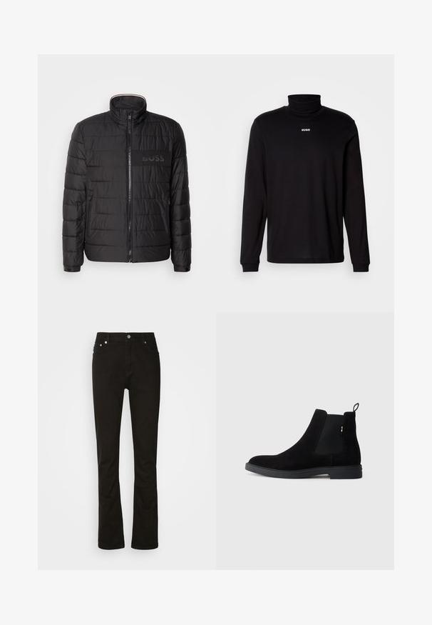 Sort quiltet jakke med høj krave, frontlynlås, lynlåslommer i siden, manchetter med knapper og "BOSS" logo på brystet.; Sort langærmet turtleneck skjorte lavet af glat stof, med et hvidt "HUGO" logo på brystet, samt tætsiddende manchetter og kant.; Sorte denimjeans med lige ben-design, der har frontlommer, lynlåsgylpter og sølvfarvede hardware-detaljer. Glat tekstur, ingen mønstre.; Sorte suede Chelsea støvler med elastiske sidepaneler, rund tå og en lav gummisål. Har en pull tab bagpå for nem påtagning.