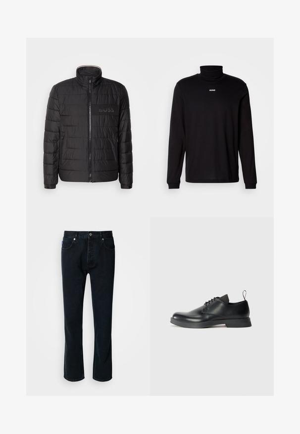 Schwarze gesteppte Jacke mit hohem Kragen, Frontreißverschluss, seitlichen Reißverschlusstaschen, knopfbaren Manschetten und „BOSS“-Logo auf der Brust.; Schwarzes Langarm-Turtleneck-Shirt aus glattem Stoff, mit einem weißen "HUGO"-Logo auf der Brust, eng anliegend an den Bündchen und dem Saum.; HUGO JONAH - Jeans Straight Leg - dark blue; Schwarze Leder-Schnürschuhe mit glatter Oberfläche, abgerundeter Zehenpartie und minimalistischer Gestaltung. Verfügt über eine subtile kontrastierende Schlaufe und Gummisohle.
