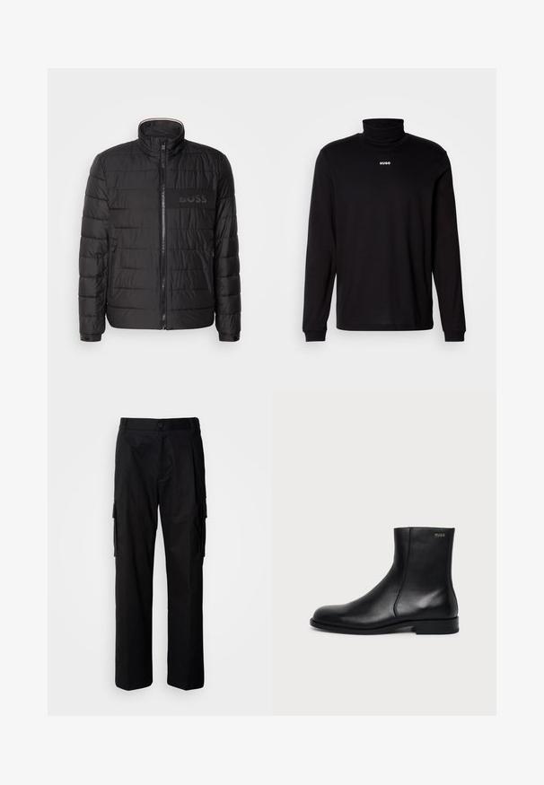 Schwarze gesteppte Jacke mit hohem Kragen, Frontreißverschluss, seitlichen Reißverschlusstaschen, knopfbaren Manschetten und „BOSS“-Logo auf der Brust.; Schwarzes Langarm-Turtleneck-Shirt aus glattem Stoff, mit einem weißen "HUGO"-Logo auf der Brust, eng anliegend an den Bündchen und dem Saum.; Schwarze Cargohose mit lockerem Schnitt, seitlichen Taschen, Knopfverschluss und glattem, leichtem Stoff.; Schwarzer Leder-Knöchelstiefel mit niedrigem Absatz, seitlicher Naht und kleinem "HUGO" Logo am oberen Schaft vor einfarbigem Hintergrund.