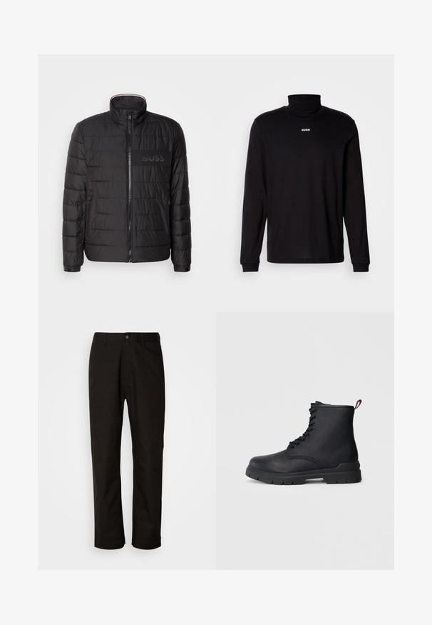 Sort quiltet jakke med høj krave, frontlynlås, lynlåslommer i siden, manchetter med knapper og "BOSS" logo på brystet.; Sort langærmet turtleneck skjorte lavet af glat stof, med et hvidt "HUGO" logo på brystet, samt tætsiddende manchetter og kant.; Sorte bomuldsbukser med lige pasform, bæltestropper, lynlås foran og en enkelt knappelukning. Glat tekstur uden synlige mønstre.; Sort læder ankelstøvle med snørebånd foran, tykk gummisål og rød løftestrop ved hælen, vist mod en ensfarvet lys baggrund.
