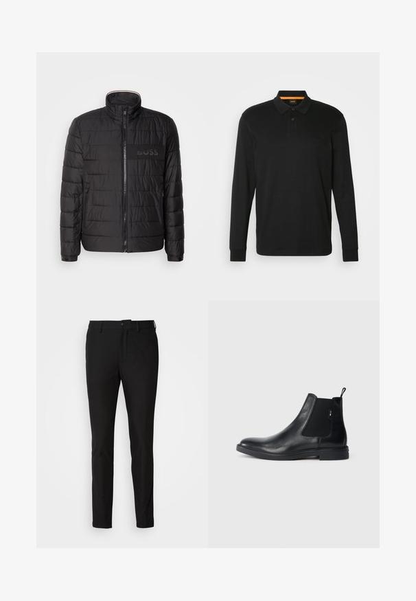 Sort quiltet jakke med høj krave, frontlynlås, lynlåslommer i siden, manchetter med knapper og "BOSS" logo på brystet.; Sort langærmet polo shirt lavet af bomuld. Har en klassisk krave, to-knaps placket og præget logo på brystet.; Sorte bukser med slim fit, der har en knaplukning, lynlås og to forlommer. Glat stof med mat overflade.; Sorte læder Chelsea støvler med elastiske sidepaneler, en pull-tab og en flad gummisål. Glat tekstur med minimal detaljer.