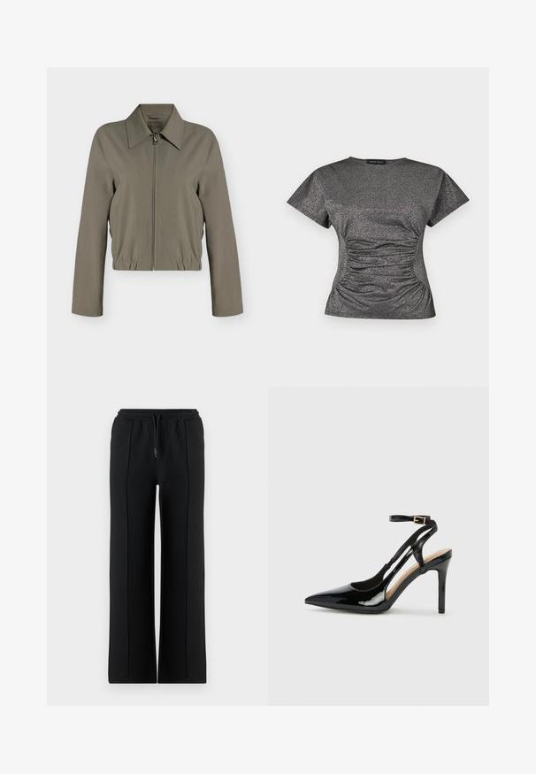 Veste zippée vert olive clair avec manches longues, col large, ourlet élastique et poches latérales, présentée sur un fond blanc uni.; Haut à manches courtes en gris métallique scintillant, avec un col rond et des détails de fronces à la taille.; Pantalon de survêtement noir à jambes larges avec ceinture élastique et cordon de serrage. Confectionné en tissu doux, avec des coutures avant pour plus de détails.; Escarpin en cuir verni noir à talon haut, avec un bout pointu, une bride réglable à la cheville et des côtés ouverts. Texture lisse.