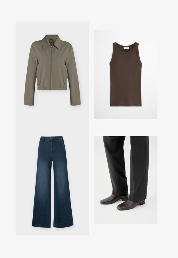Veste zippée vert olive clair avec manches longues, col large, ourlet élastique et poches latérales, présentée sur un fond blanc uni.; Débardeur marron foncé ajusté sans manches avec encolure ronde, présenté sur un fond clair uni.; Jean en denim bleu foncé, taille haute et jambes larges, avec poches avant et passants de ceinture sur fond blanc.; Chaussures en cuir marron foncé avec un bout carré et un petit talon bloc, portées avec un pantalon noir sur mesure, affichant une apparence élégante et polie.