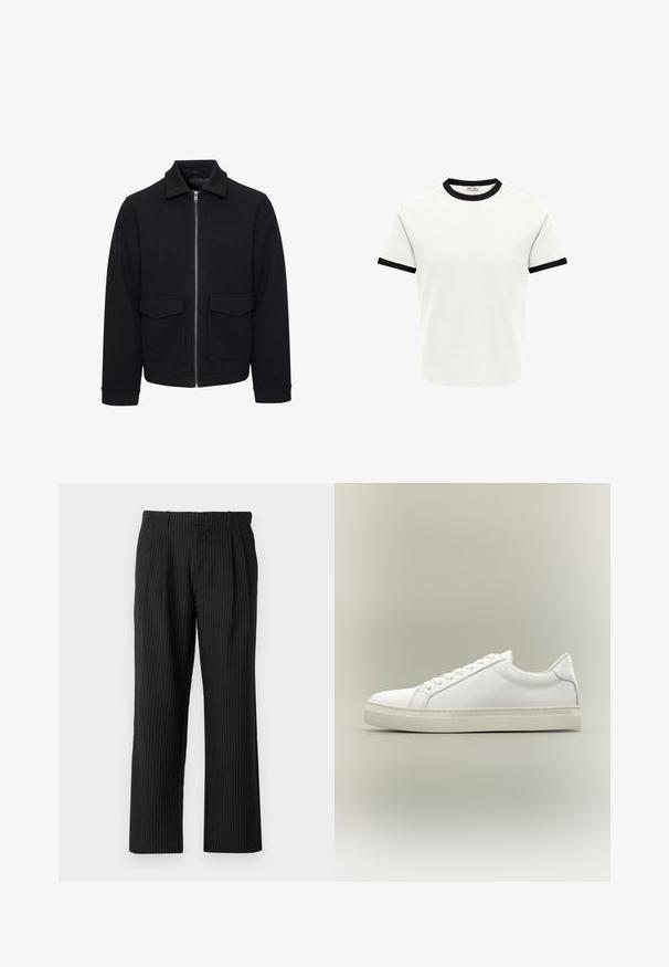 Veste noire zippée en mélange de laine. Comprend un col à revers, deux poches avant et des poignets côtelés. Texture lisse et coupe ajustée.; T-shirt blanc à manches courtes avec bordure noire au col et aux manches, présenté sur un fond uni.; Jack & Jones JPSTBILL JJDAYTONA WIDE CHINO - Chino - black; Baskets blanches basses à lacets sur l’avant et semelle épaisse, vues de côté sur un fond neutre.
