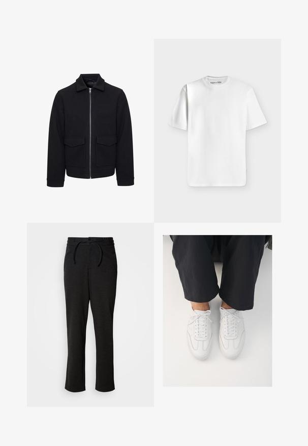 Veste noire zippée en mélange de laine. Comprend un col à revers, deux poches avant et des poignets côtelés. Texture lisse et coupe ajustée.; T-shirt blanc uni à manches courtes et col rond, posé à plat sur un fond gris clair avec une petite étiquette de marque à l’intérieur du col.; Pantalons en tricot noirs avec un waistband à cordon de serrage, coupe droite et poches latérales. Texture douce avec une finition lisse.; Baskets blanches en cuir avec une texture lisse, bout rond et système de laçage classique, positionnées au-dessus de pantalons sombres et amples.