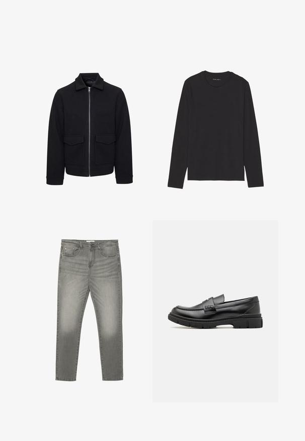 Veste noire zippée en mélange de laine. Comprend un col à revers, deux poches avant et des poignets côtelés. Texture lisse et coupe ajustée.; T-shirt à manches longues noir en tissu doux et léger. Présente un col rond et un ourlet droit. Aucun motif ou accent visible.; Jeans en denim gris avec une coupe slim, un design à cinq poches et un léger dégradé. Présente une fermeture éclair et des passants de ceinture.; Mocassin en cuir noir avec une large sangle sur le devant, semelle en caoutchouc à épaisse rainure, et texture lisse. Design classique et élégant.