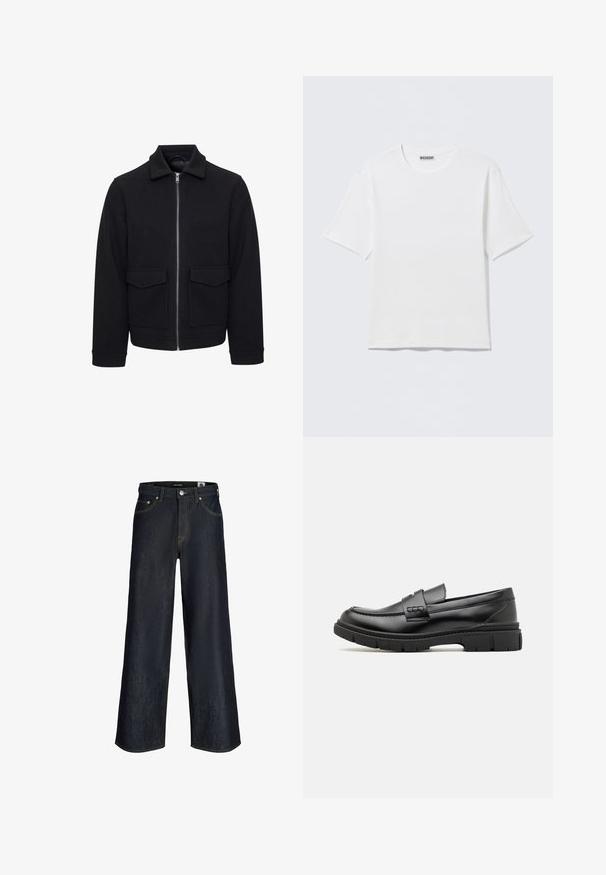 Veste noire zippée en mélange de laine. Comprend un col à revers, deux poches avant et des poignets côtelés. Texture lisse et coupe ajustée.; T-shirt blanc uni à manches courtes et col rond, avec une petite étiquette "WEEKDAY" à l'intérieur du col arrière, présenté à plat.; Jean en denim bleu foncé à jambes larges avec bouton à l'avant, poches et coutures orange visibles sur fond blanc.; Mocassin en cuir noir avec une large sangle sur le devant, semelle en caoutchouc à épaisse rainure, et texture lisse. Design classique et élégant.