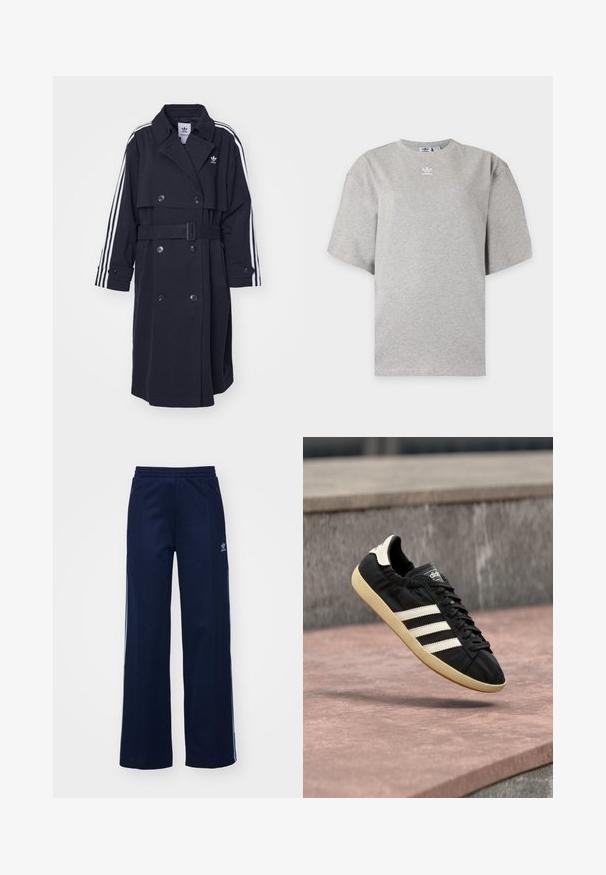 Schwarzer Trenchcoat mit doppelreihigem Verschluss, tailliertem Gürtel und weißem Dreistreifen-Design an den Ärmeln. Verfügt über einen glatten Stoff und einen eingekerbten Kragen.; Hellgraues Adidas T-Shirt mit kurzen Ärmeln, Rundhalsausschnitt und kleinem weißen Adidas-Logo auf der Brust, auf schlichtem Hintergrund dargestellt.; Helleblaue Baumwollmischung Trainingshosen mit weit geschnittenem Design, elastischem Bund und Reißverschlusstaschen, mit weißen Seitenstreifen und Logodetails.; Schwarzer Adidas-Sneaker mit weißen Streifen und beiger Sohle, in der Luft über einer steinernen Oberfläche und mit Steinwand im Hintergrund aufgenommen.