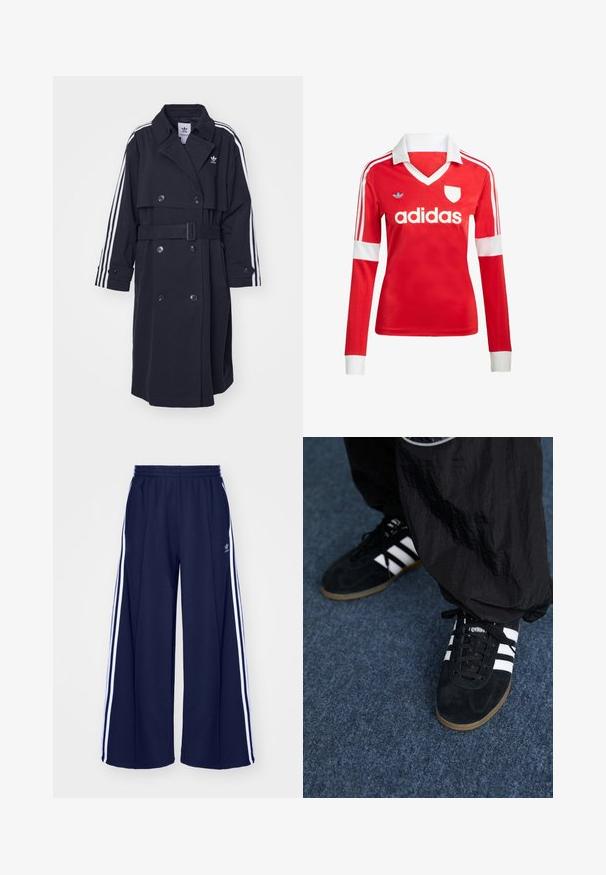 Zwarte trenchcoat met een dubbelgebreide sluiting, ceintuur in de taille en een witte drie-streep ontwerp op de mouwen. Bevat een gladde stof en een ingeknipte kraag.; Rode lange mouwen voetbalshirt met een witte kraag en manchetten. Heeft drie witte strepen op de schouders en het "adidas" logo prominent weergegeven.; adidas Originals PANT - Trainingsbroek - night indigo; Zwarte suède sportschoenen met drie witte strepen en zwarte veters. Een gestructureerde zwarte broek is deels zichtbaar naast de schoenen.