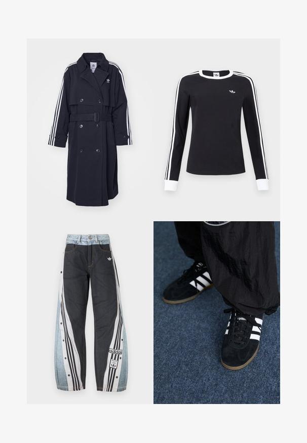 Schwarzer Trenchcoat mit doppelreihigem Verschluss, tailliertem Gürtel und weißem Dreistreifen-Design an den Ärmeln. Verfügt über einen glatten Stoff und einen eingekerbten Kragen.; Schwarzes Langarmshirt mit weißem Kragen und Manschetten, weißen Streifen entlang der Ärmel und kleinem weißen Adidas-Logo auf der linken Brust.; Zweifarbige Adidas-Trainingshose mit schwarzen Vorderteilen, weiß-schwarz gestreiften Seitenpaneelen, Druckknöpfen und Logo-Patches am rechten Bein.; Schwarze Wildleder-Sportschuhe mit drei weißen Streifen und schwarzen Schnürsenkeln. Eine strukturierte schwarze Hose ist teilweise neben den Schuhen sichtbar.