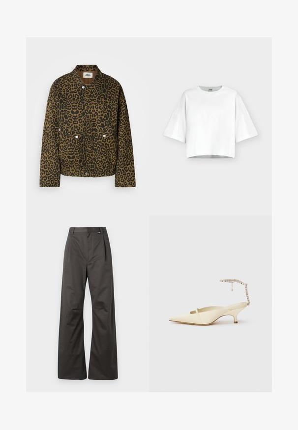 Chaqueta de estampado de leopardo en marrón y negro, con cuello, botones de presión y bolsillos frontales, hecha de una tela texturizada.; Top corto oversize blanco de manga corta con escote redondo, hecho de tela lisa, presentado sobre un fondo claro y liso.; Pantalones de pierna ancha en mezcla de algodón gris oscuro, con pliegues frontales, cintura de talle medio y una sutil etiqueta de la marca en la pretina.; Tacón slingback de punta afilada en color crema con una delgada tira frontal y una tira de tobillo con joyas sobre fondo blanco.