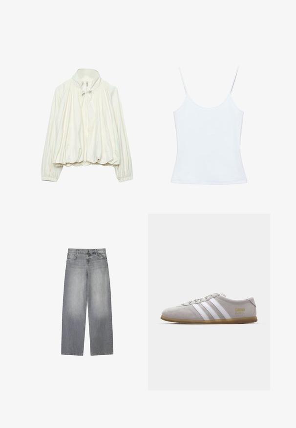Veste légère blanche avec col montant, fermeture éclair à l'avant, détails à cordon au niveau du cou, poignets élastiques et ourlet froncé.; Camisole blanche pour femme avec fines bretelles spaghetti et un design ajusté et sobre.; Jean en denim gris à jambes larges avec une finition légèrement décolorée, doté de cinq poches, d'une fermeture à bouton à l'avant et de passants de ceinture.; Baskets en daim gris avec des rayures en cuir blanc et un logo doré. Semelle en gomme plate, bout rond et design classique à lacets.